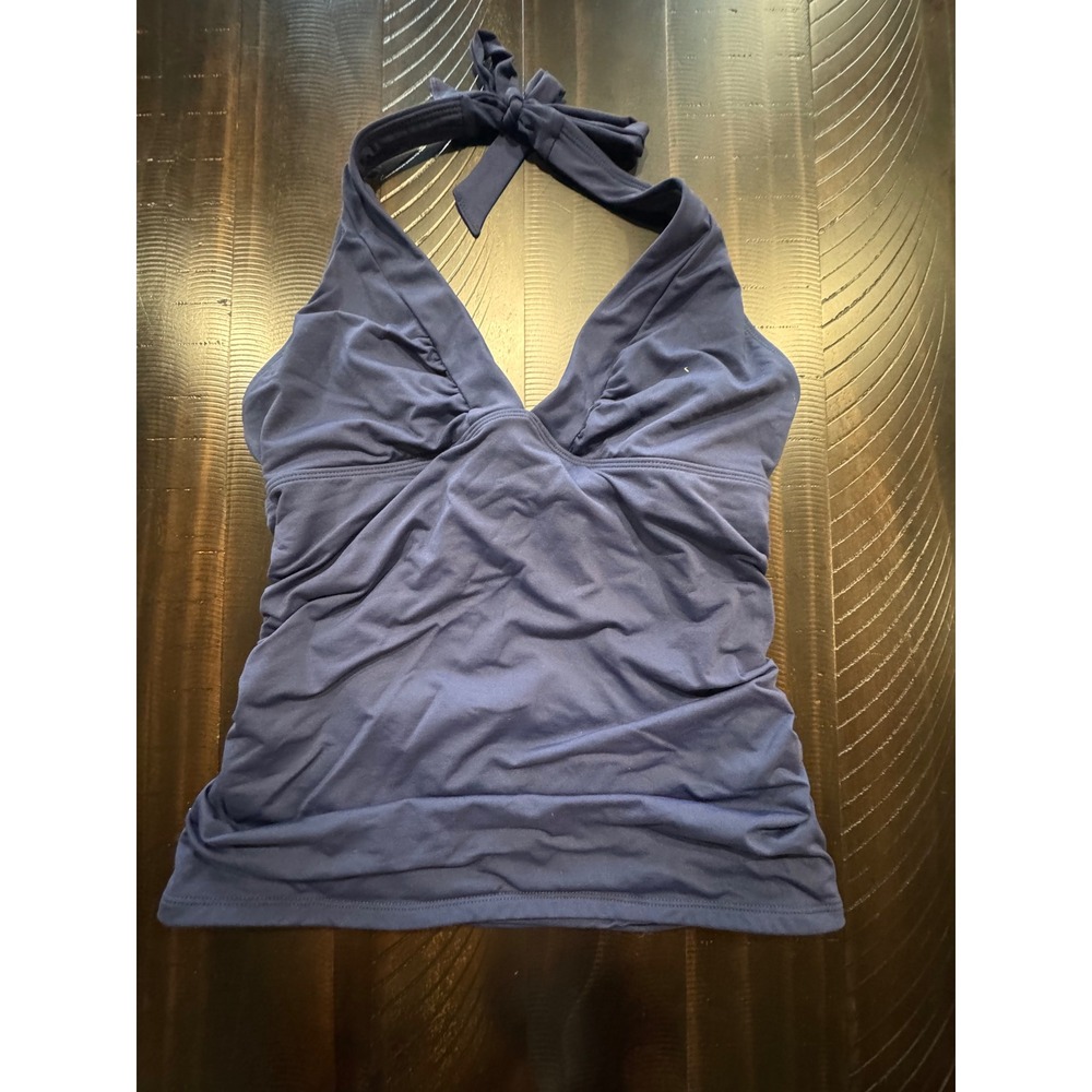 Athleta Navy Blue Ruched Halter Tankini Top Shelf Bra MT Tall